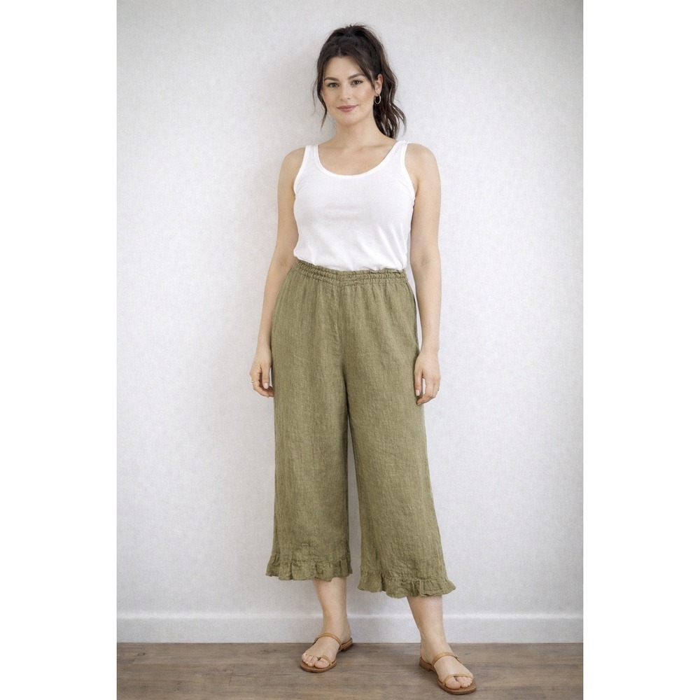 Bryn Walker Linen Culottes Cropped Wide Leg Ruffle‎ Olive Green Size Small